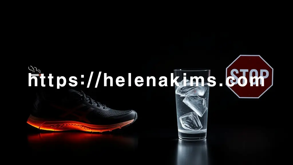 어둡고 깊이감 있는 배경 위, 한쪽에는 세련된 러닝화 한 켤레와 함께 금연을 상징하는 '금연' 마크가, 다른 한쪽에는 맑은 물이 담긴 투명한 잔 옆에 금주를 암시하는 'STOP' 사인이 희미하게 배치 된 이미지.