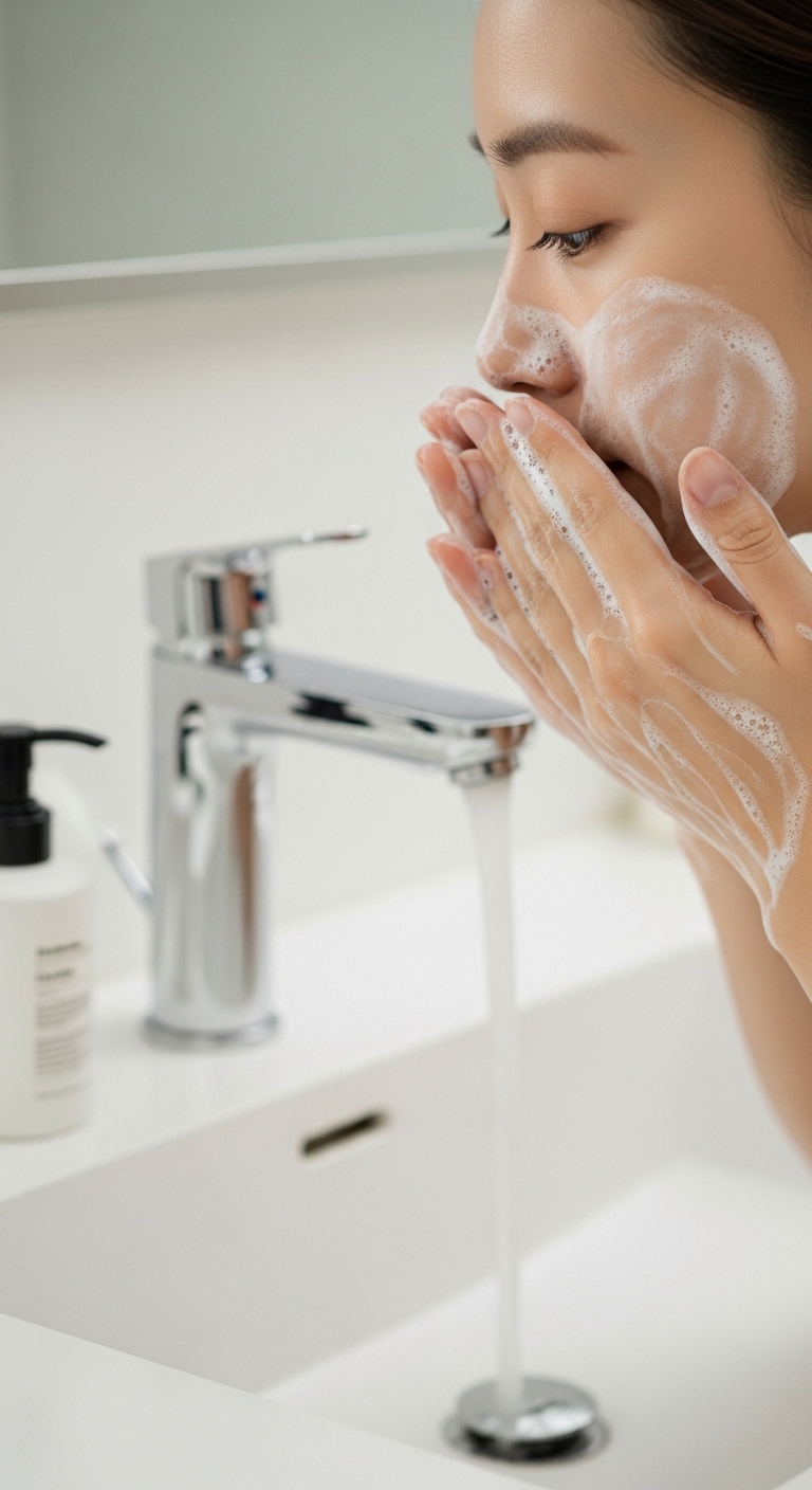 세면대에서 부드러운 거품으로 세안을 하고 있는 손