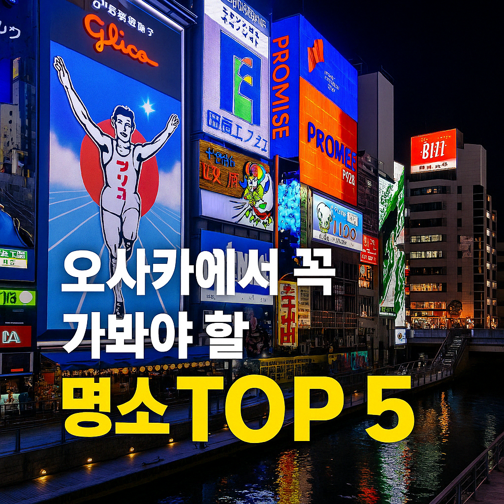 &ldquo;오사카 도톤보리의 밤거리 풍경을 담은 이미지. 네온사인으로 가득한 빌딩들 사이로 대표적인 글리코 러너 간판이 눈에 띄며, 운하에는 화려한 불빛이 반사되고 있다. 이미지 중앙에는 &lsquo;오사카에서 꼭 가봐야 할 명소 TOP 5&rsquo;라는 한국어 문구가 선명하게 들어가 있어 관광 홍보용 썸네일로 활용된다.&rdquo;