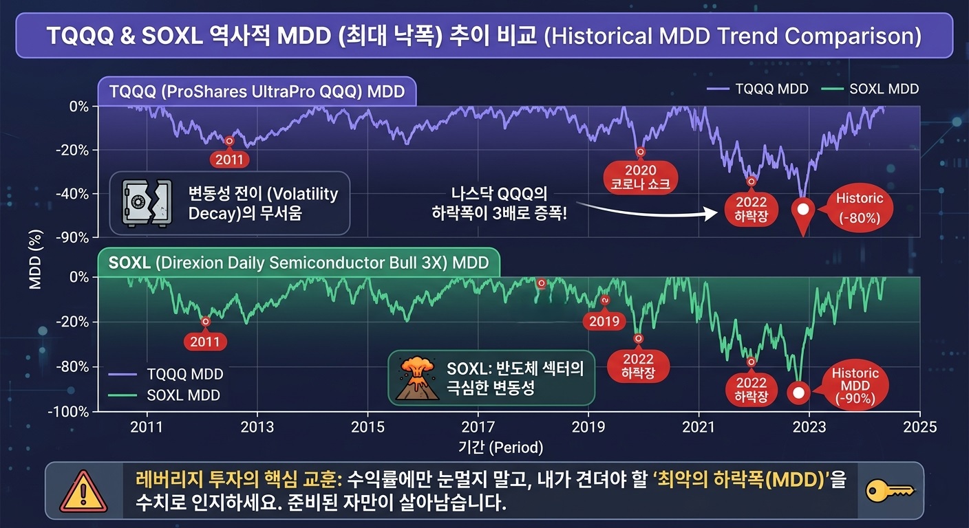 TQQQ &amp; SOXL 역사적 MDD (최대 낙폭) 추이 비교