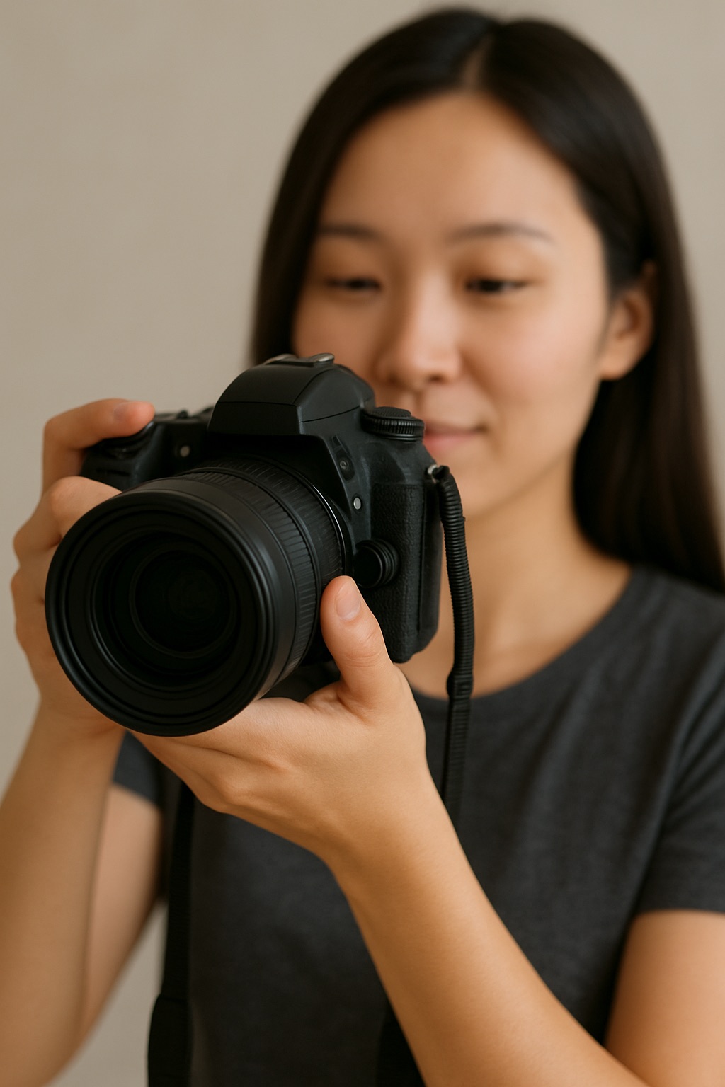 아시안 여성이 DSLR을 들고있는 이미지.