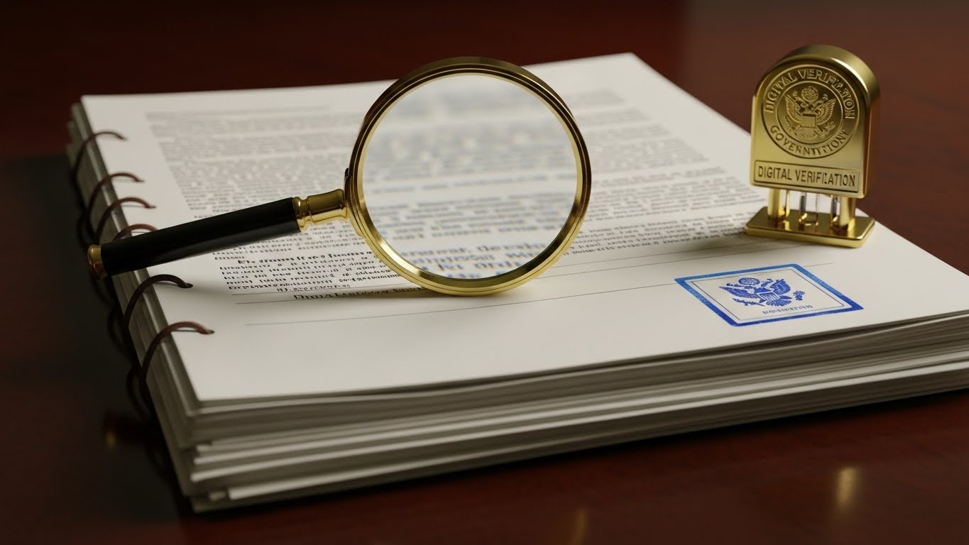 큐넷 응시자격 증명 서류와 자격 확인 과정을 상징하는 서류 및 돋보기 이미지