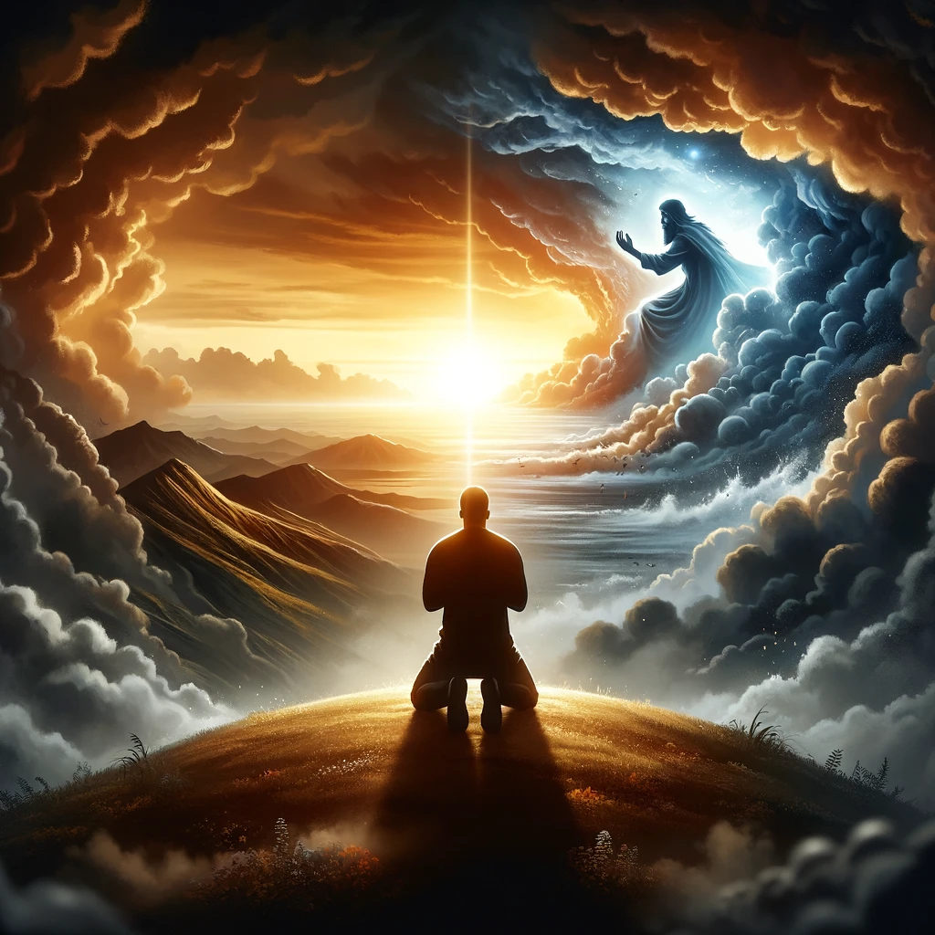 Here is the image depicting the concept of turning to the divine rather than the chaotic world during times of trouble.