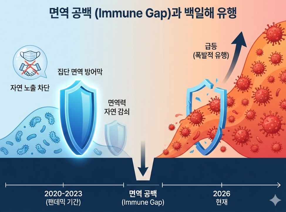 2020년부터 2023년까지 자연 노출 감소로 형성된 면역 공백 이후 2026년에 백일해 유행이 급증하는 과정을 시간 흐름으로 설명한 면역 공백 인포그래픽