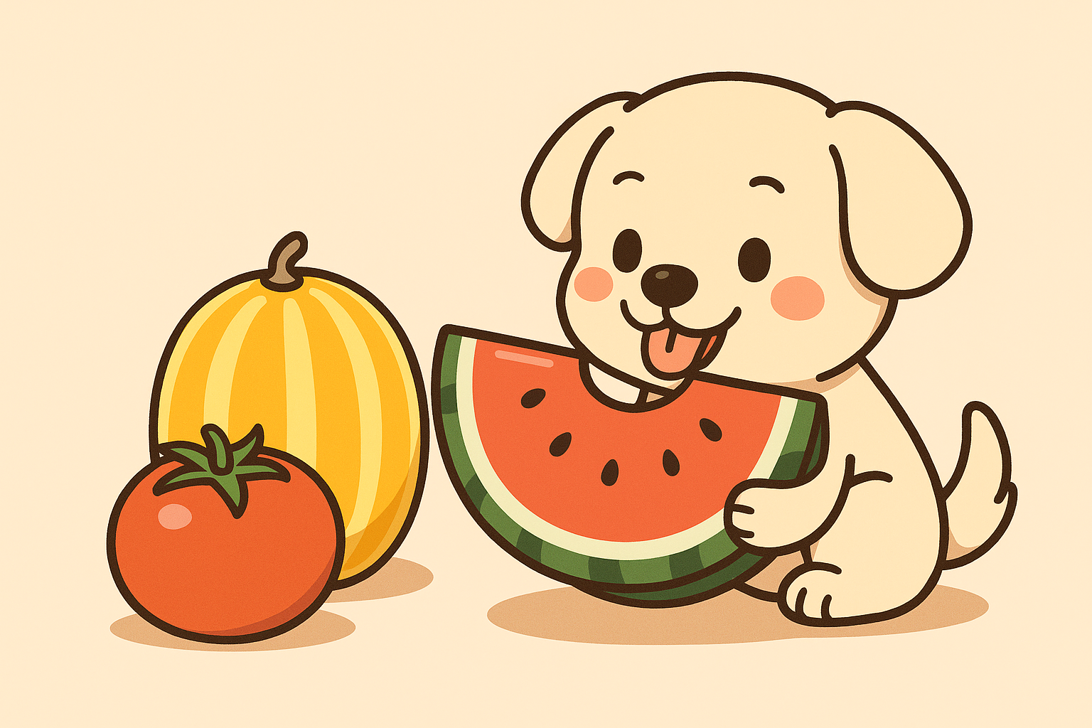 여름과일 참외, 수박, 토마토 먹는 강아지 사진