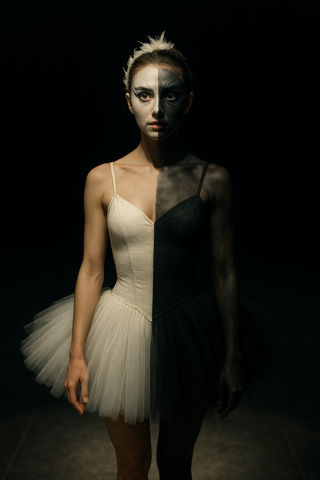 흰색과 검은색 발레복을 입은 젊은 발레리나가 어두운 무대 위에 홀로 서 있다. 얼굴의 절반은 백조처럼, 나머지 절반은 흑조처럼 분장되어 있으며, 눈빛에는 두려움과 욕망이 뒤섞인 감정을 담고 있는 모습