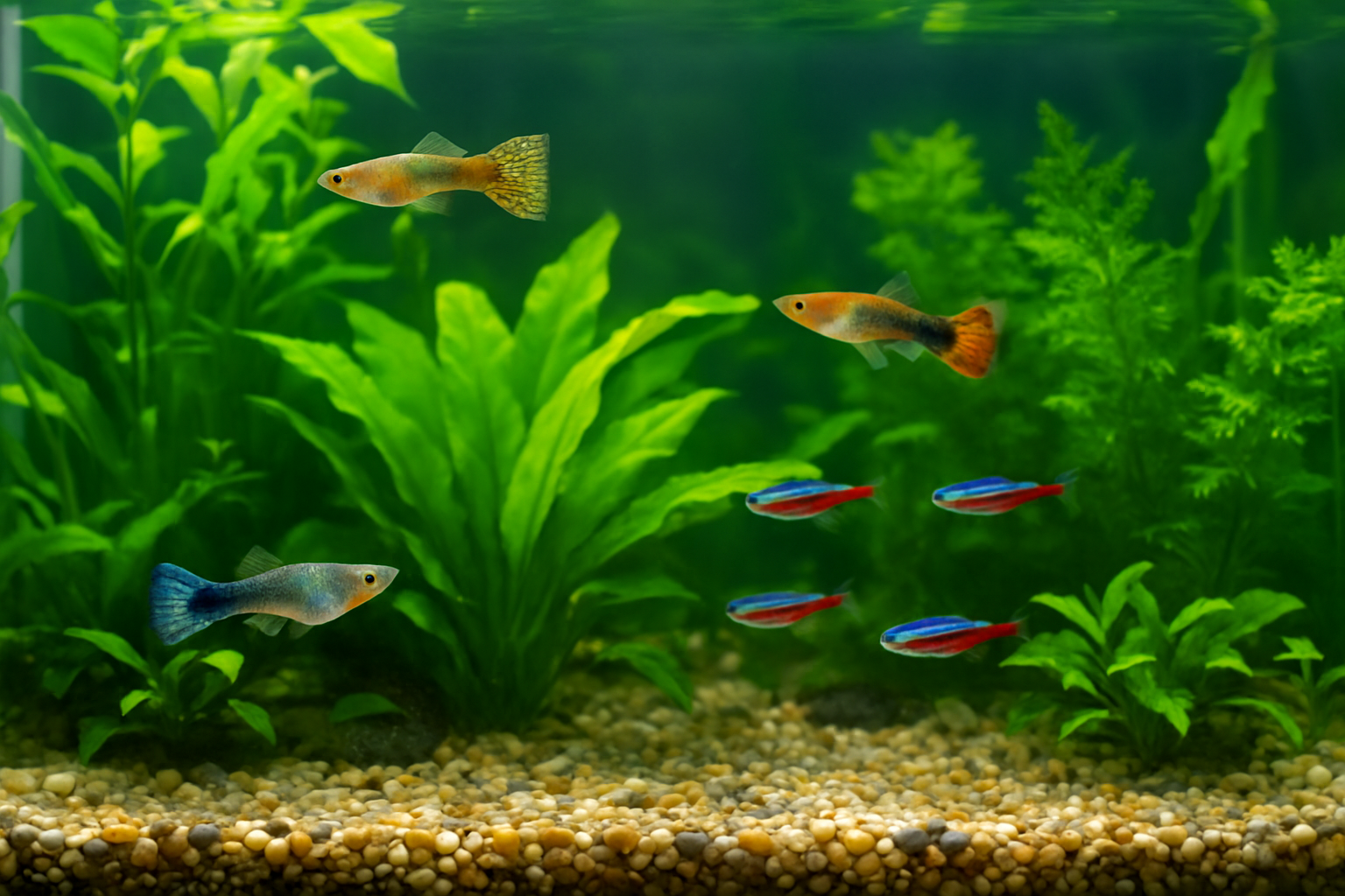 깨끗한 열대어 수조 속에서 구피와 네온테트라가 맑은 물과 푸른 수초 사이를 헤엄치는 모습