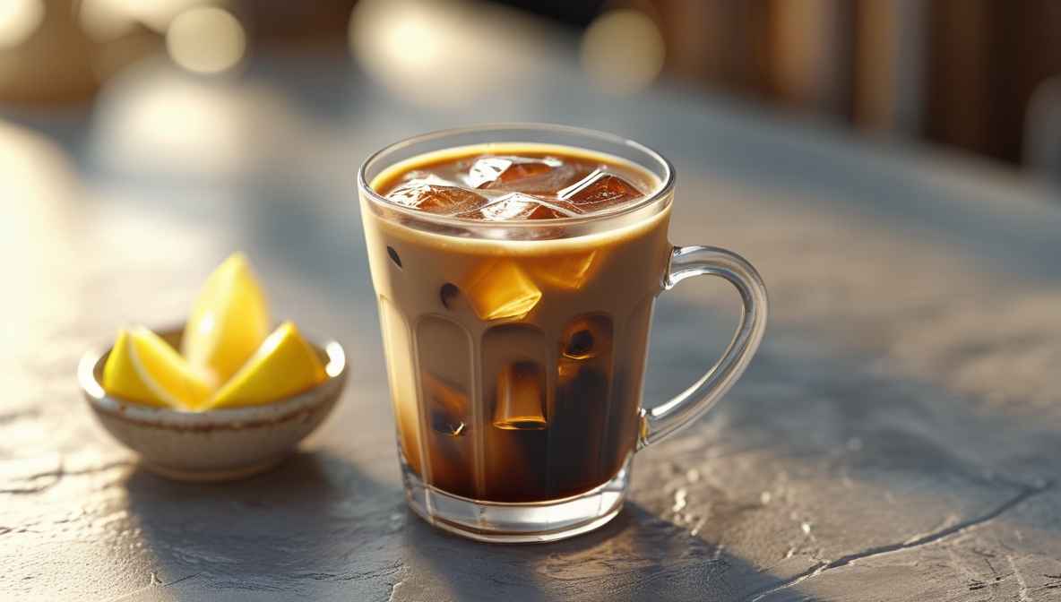 예쁜 유리컵에 담긴 시원한 아이스 아메리카노와 레몬 조각이 놓여있는 카페 감성 이미지