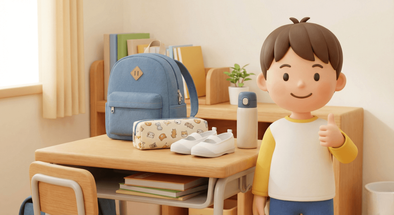 책상 위에 가벼운 천 가방, 천 필통, 실내화, 물통이 깔끔하게 정리되어 있고, 7살 아이가 엄지를 치켜들고 있는 3D 일러스트
