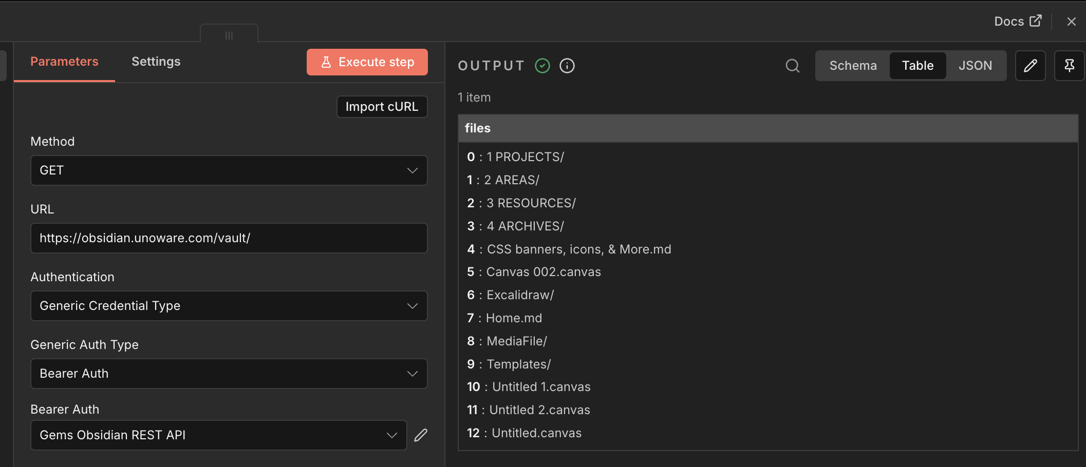 원격환경의 n8n 워크플로우에서 Local REST API를 이용해 Obisidian 루트 폴더를 조회할 수 있습니다
