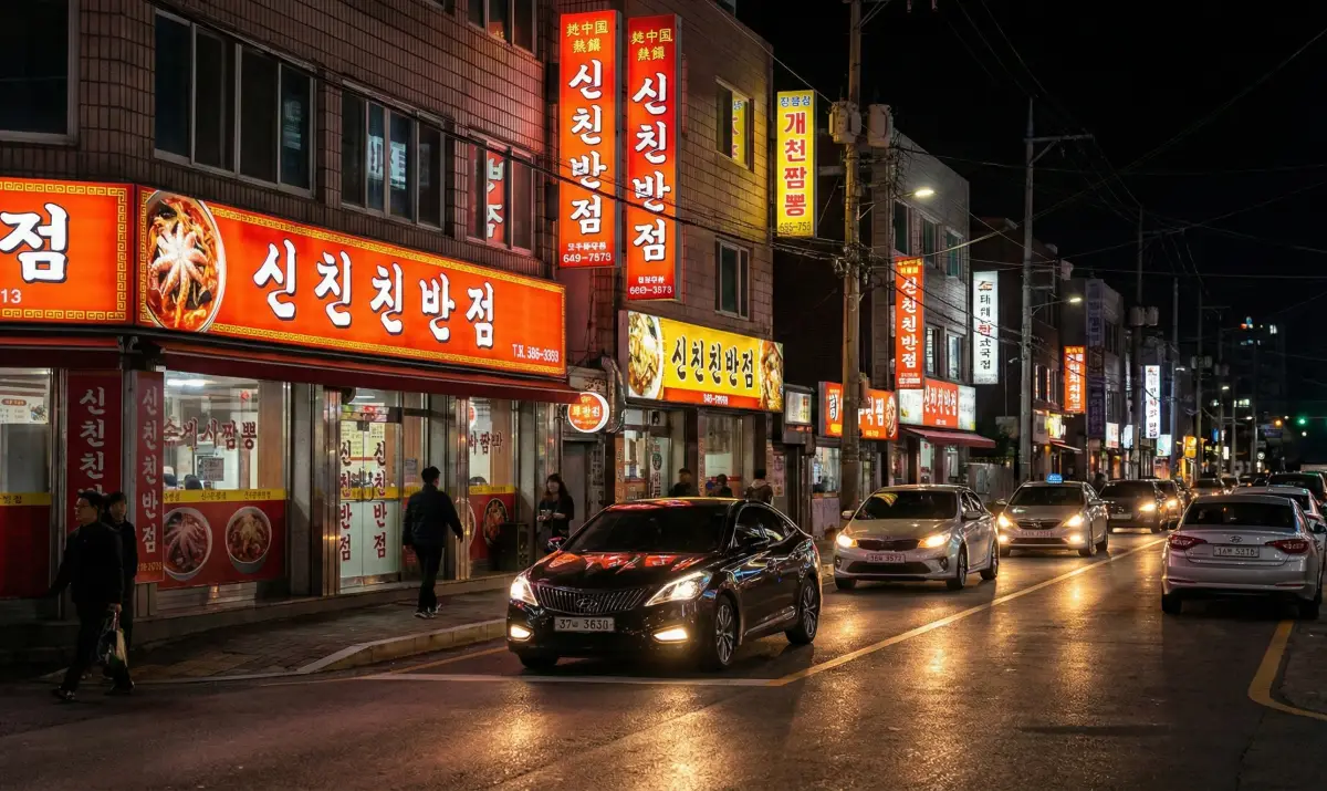 야간 거리의 네온사인과 활기찬 식당 입구 모습
