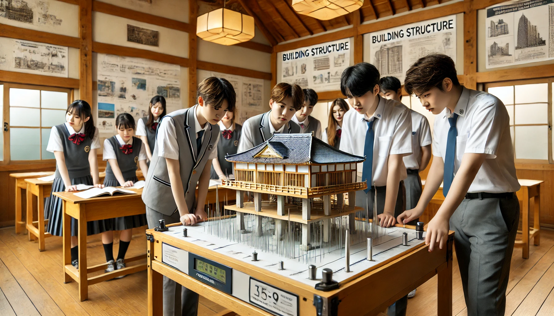 지진 실험을 위해 건축 구조 모형을 사용하는 학생들의 이미지