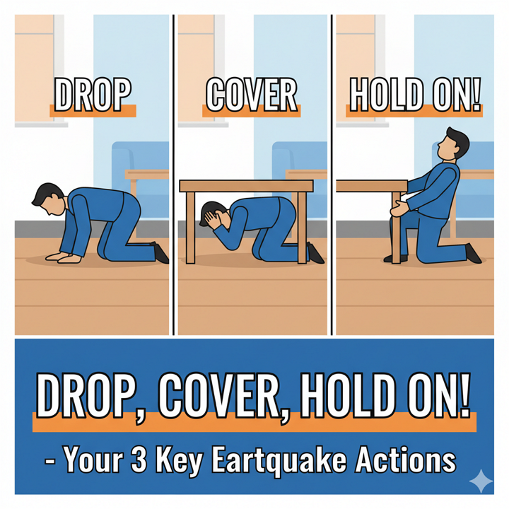 웅크리고, 보호하고, 기다린다!" (Drop, Cover, Hold on!) - 지진 발생 시 행동의 핵심 3원칙