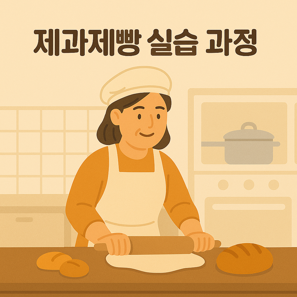주방에서 밀대를 이용해 반죽을 밀고 있는 제과제빵 실습생의 모습. 테이블 위에는 구운 빵이 놓여 있고, 실습실 배경에는 오븐과 조리대가 보인다.