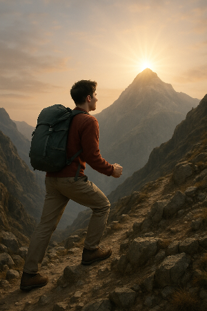 험난한 산을 오르며 빛나는 정상 목표를 향하는 인물 이미지