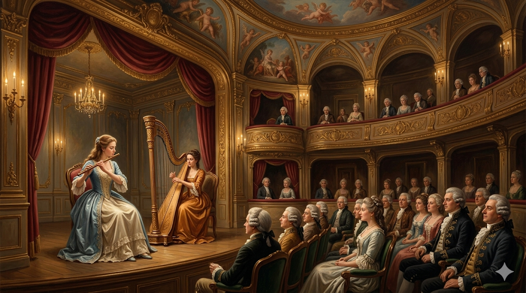 18세기 유럽 귀족 살롱에서 플루트와 하프가 함께 연주되는 장면