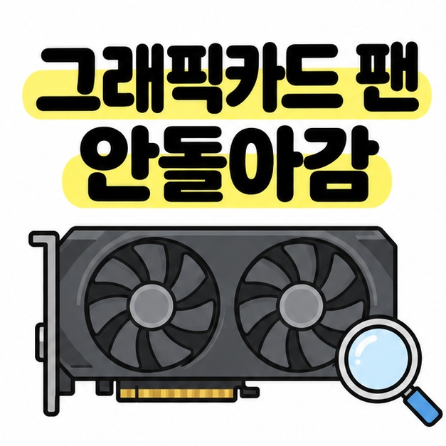 그래픽카드 팬 안돌아감이라는 제목 아래 정지한 팬 두 개가 달린 그래픽카드와 돋보기를 그린 대표 이미지