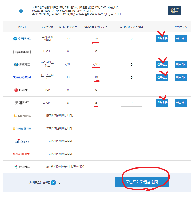 카드포인트 현금화 화면
