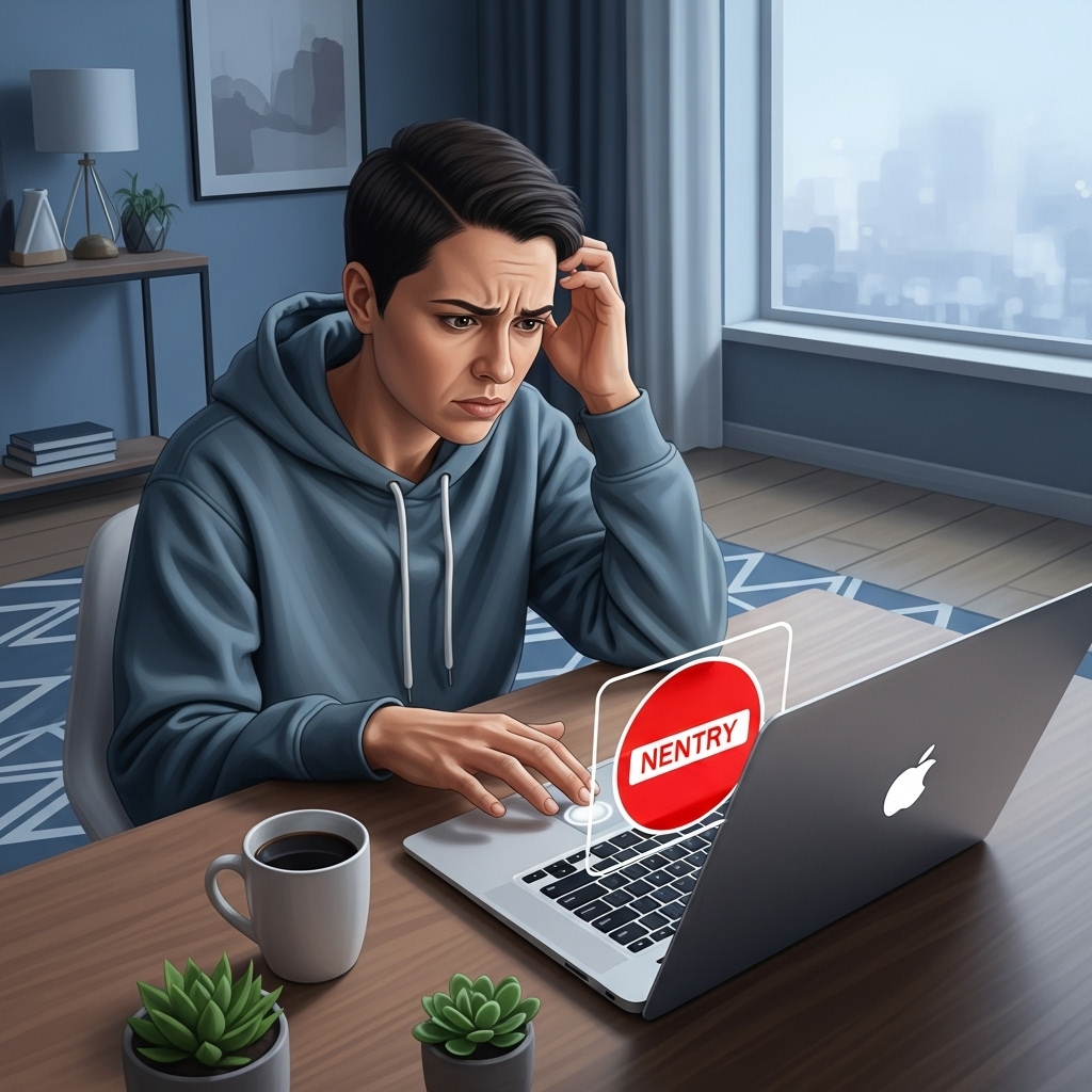 터치패드가 작동하지 않아 난감해하는 사용자가 노트북을 바라보는 모습