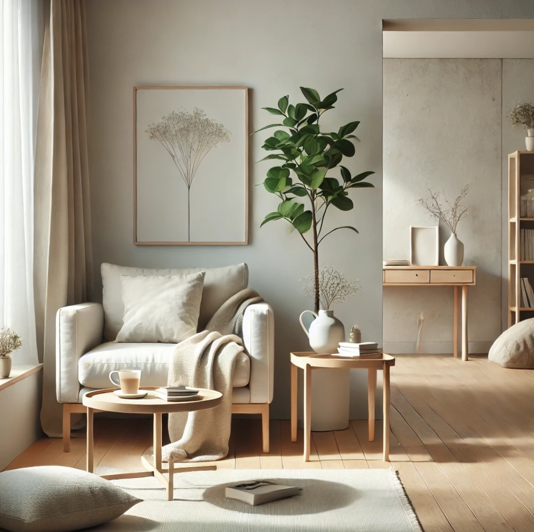 깔끔하고 따뜻한 분위기의 공간에서 차와 책을 즐길 수 있는 장면