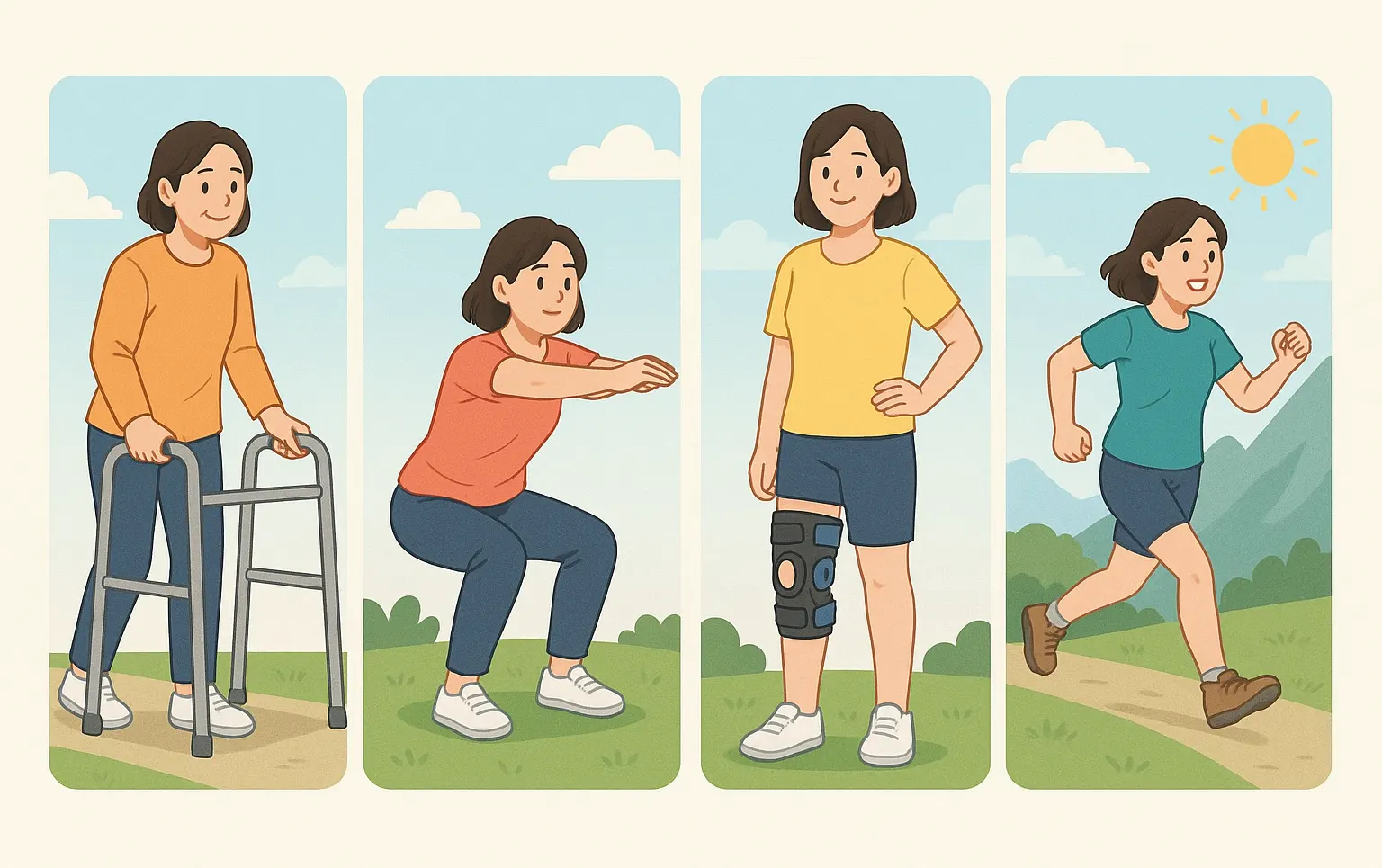 재활 단계별 보행 개선, 근육 강화 운동, 맞춤 보조기 착용, 점진적 달리기와 등산 재도전