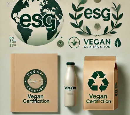 "ESG 로고, 비건 인증 마크, 재활용 제품이 포함된 친환경 콜라주 이미지"