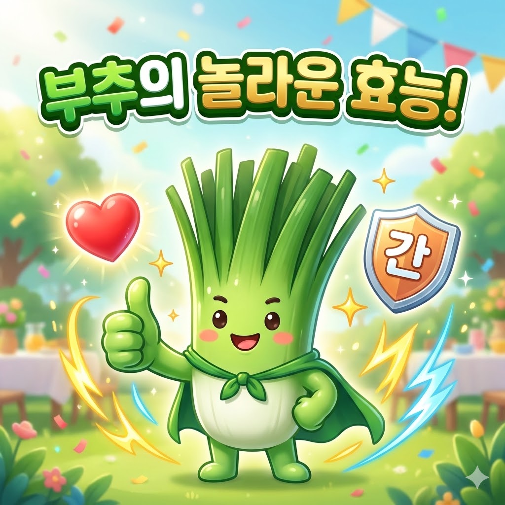 활기찬 부추 캐릭터가 엄지손가락을 치켜들고 있으며, 주변에 건강한 기운과 '부추의 놀라운 효능!'이라는 문구가 시선을 끄는 이미지.
