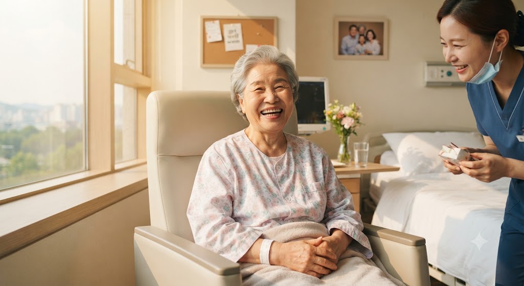 병원에서 요실금 치료를 마친 할머니가 의자에 앉아 활짝 웃고 있는 모습