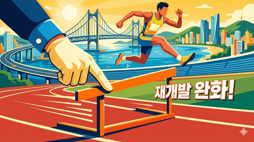 부산 재개발 노후도 요건 완화로 낮아진 진입 장벽을 표현한 일러스트