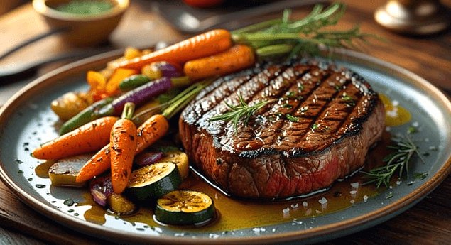 둥그런 접시에 두툼한 소고기 스테이크가 있다. 옆에는 작은 주황색의 익은 당근들과 애호박들이 있다.