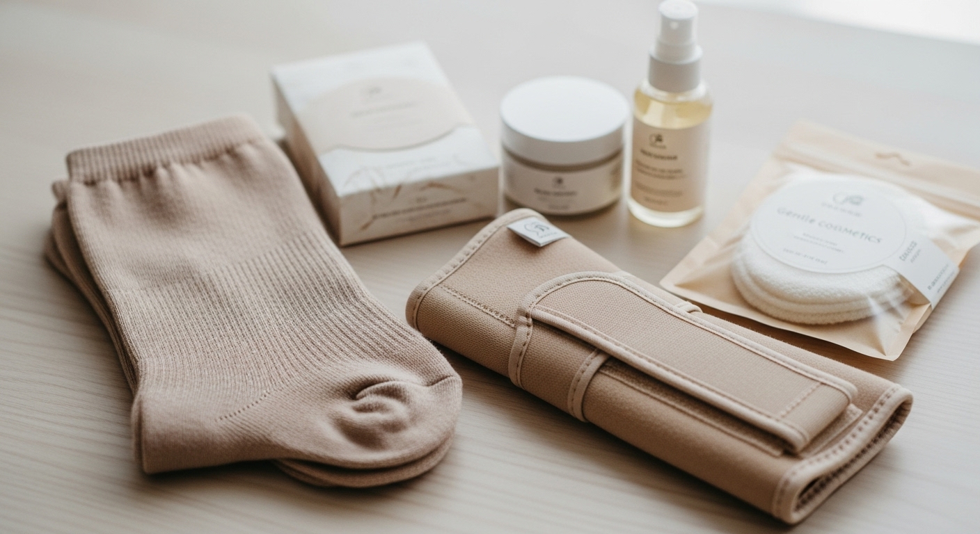산후 회복을 위한 압박 양말과 손목 보호대, 순한 화장품 세트 이미지
