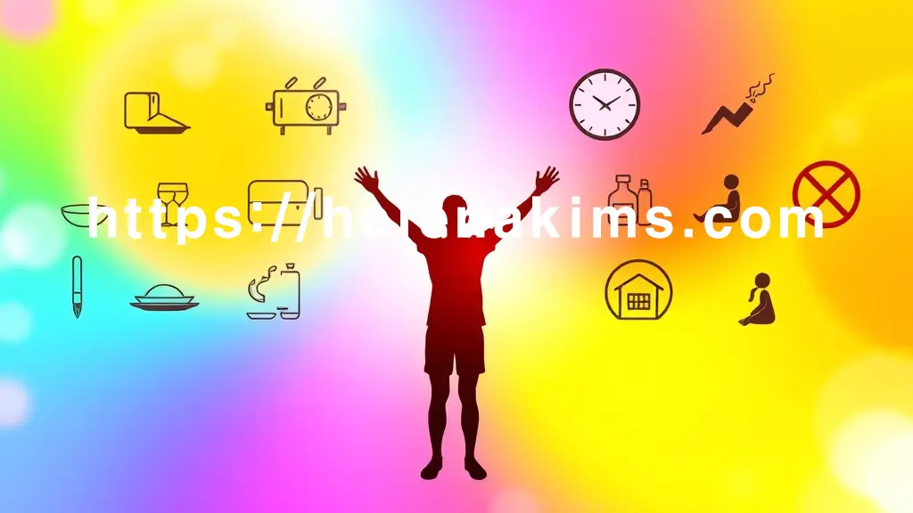 밝고 생기 있는 배경에 편안하고 활기 넘치는 사람의 실루엣. 주변에는 건강한 생활 습관을 상징하는 아이콘들이 조화롭게 배치. 규칙적인 식사를 의미하는 작은 접시들과 시계, 금연/금주를 나타내는 금지 표시 아이콘, 그리고 스트레스 관리를 위한 명상하는 사람이나 요가 자세가 은은하게 표현한 이미지.