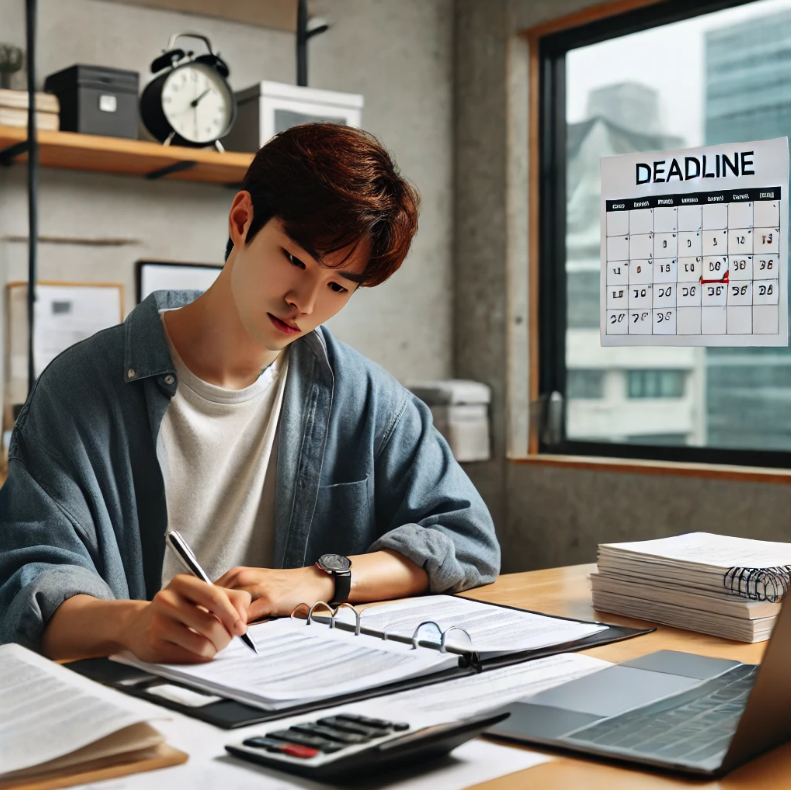 마감을 염두에 둔 사람이 서류 작업을 집중적으로 처리하는 모습