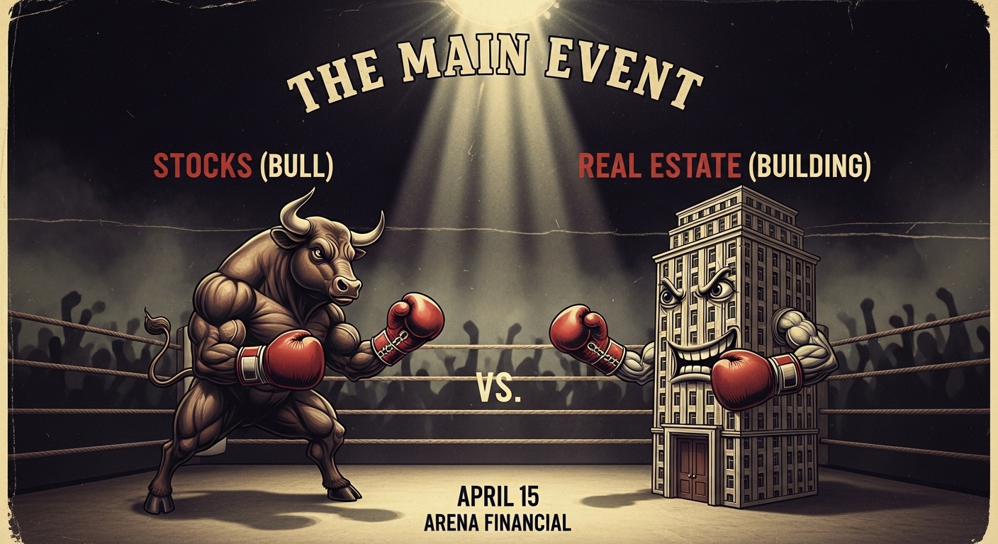 Boxing match poster style image where 'Stocks (Bull)' and 'Real Estate (Building)' wearing gloves are facing off in a ring.