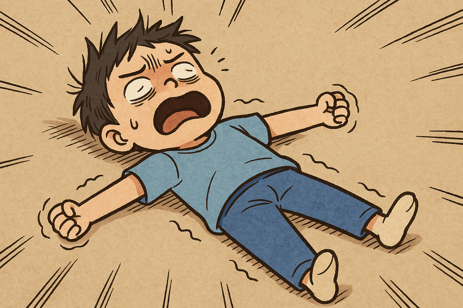 경련으로 몸이 굳고 눈이 뒤집힌 아이를 묘사한 웹툰 스타일의 일러스트