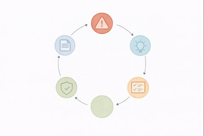 blame-free 포스트모템이 재발을 줄이는 순환 구조: 사실 수집 &rarr; 원인 분석 &rarr; 액션아이템 &rarr; 실행 추적