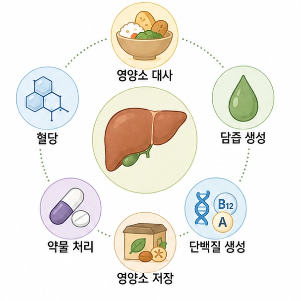 영양소 대사, 담즙 생성, 약물 처리, 단백질 생성, 영양소 저장 등 간의 기능