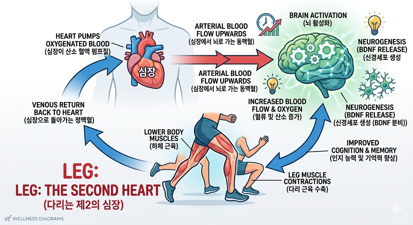 - 다리는 제2의 심장: 하단의 다리 근육이 강력하게 수축하여 정맥혈을 심장으로 다시 밀어올리는 '펌프작용' 상징화
-뇌혈류량 증가: 심장에 도달한 혈액이 외로 힘차게 올라가는 과정을 붉은색 화살표로 표현
- 뇌 활성화 효과: 뇌 부위에서는 산소 공급 증가와 함께 BDNF 분비,인지 능력 및 기억력 향상 등의 효과 설명
이미지출처: Gemini AI 생성