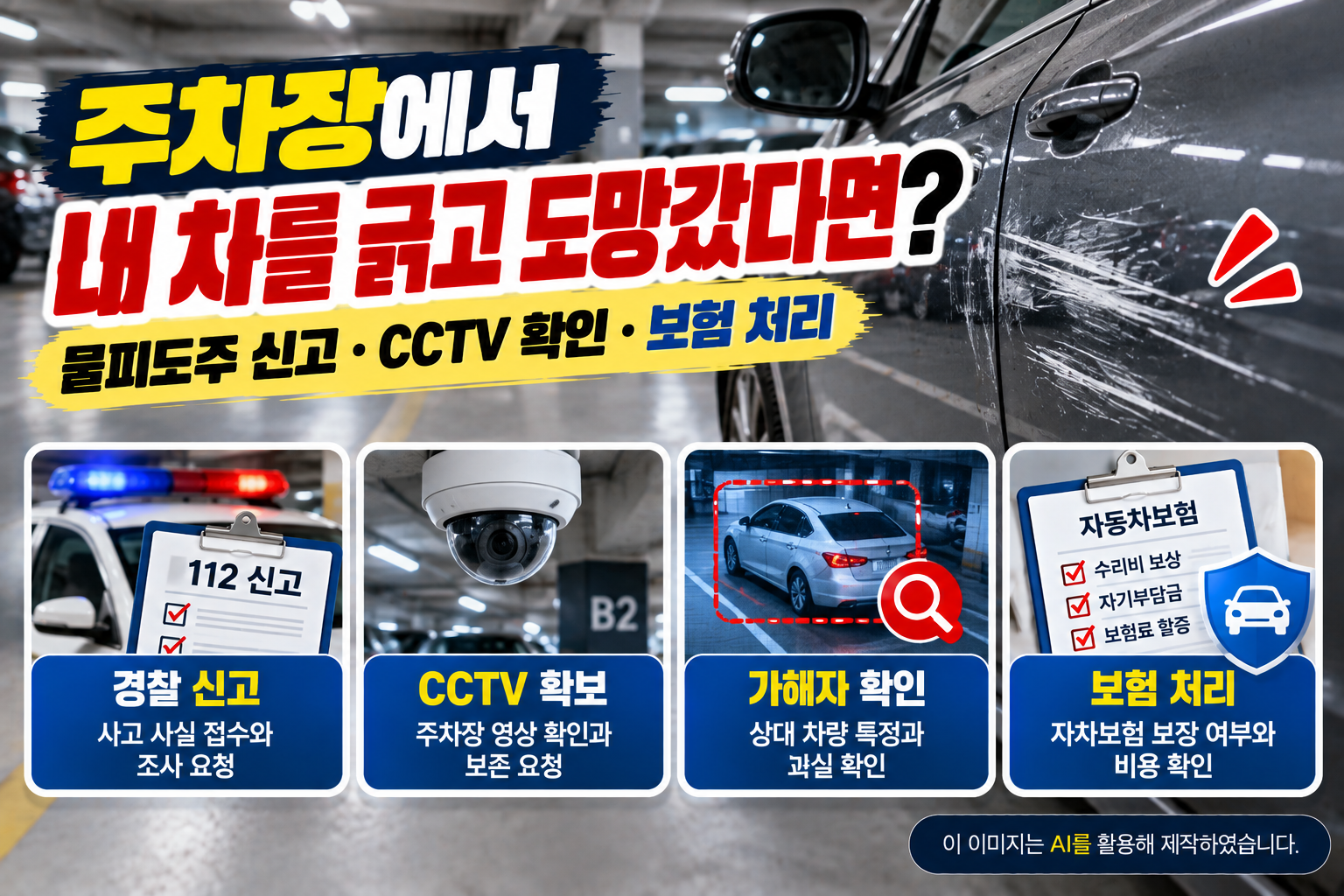 아파트 지하주차장에서 차량이 긁히고 가해자가 도주한 물피도주 상황을 배경으로 경찰 신고 방법, 블랙박스·CCTV 영상 확보, 가해 차량 확인, 자차보험 처리 및 자기부담금과 보험료 할증 가능성을 설명하는 이미지