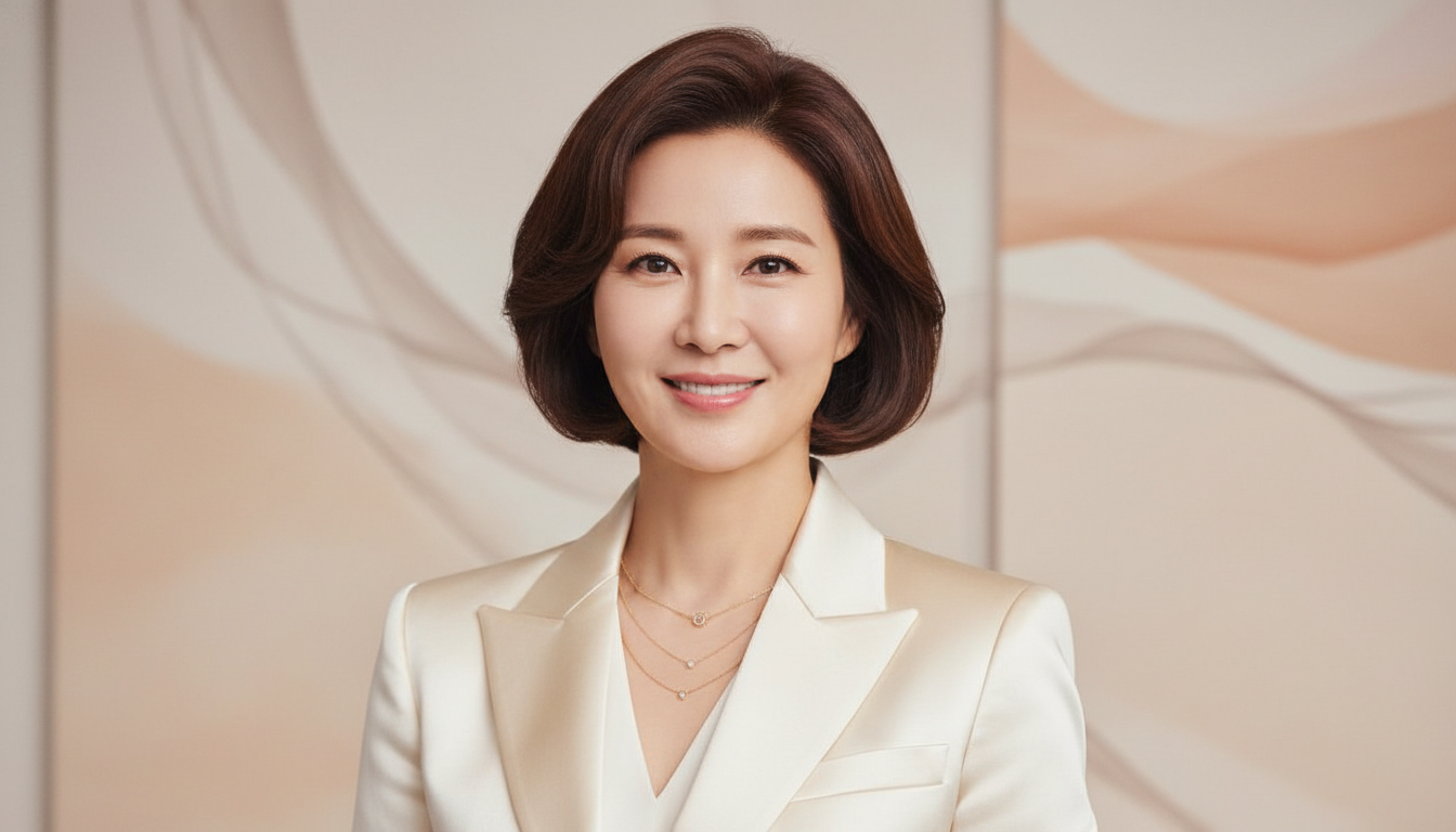 2026년 58세의 김희애 배우가 세련된 단발 숏컷 C컬펌을 하고 우아하게 웃는 모습. 중년 여성에게 어울리는 젊고 세련된 헤어스타일을 보여줍니다.