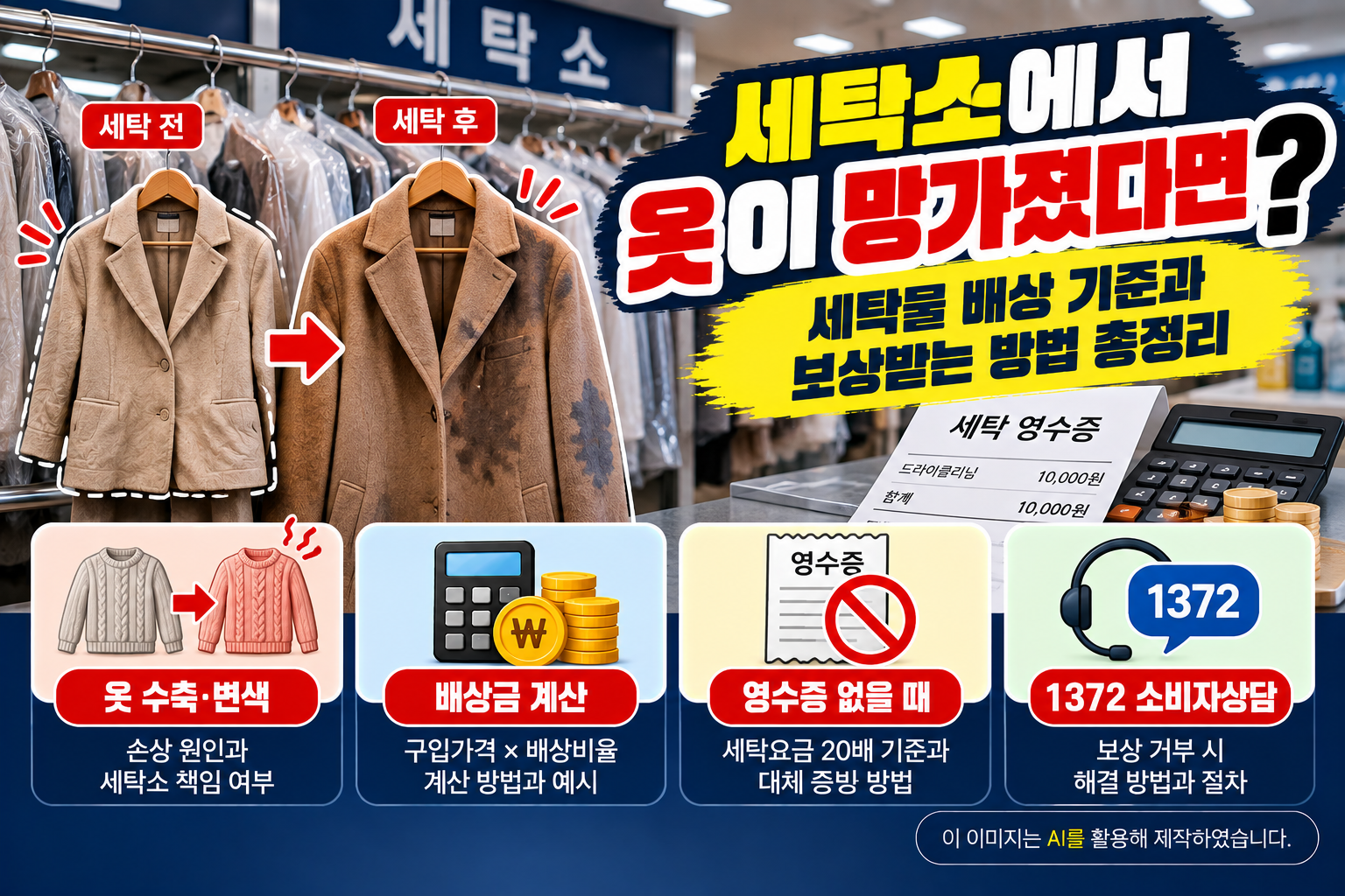 세탁소에서 세탁 전후 코트의 변색과 손상 상태를 비교하고, 세탁물 배상 기준과 보상받는 방법을 안내하는 이미지. 옷 수축·변색 시 세탁소 책임 여부, 구입가격과 배상비율을 이용한 배상금 계산, 구매 영수증이 없을 때의 보상 기준, 1372 소비자상담센터를 통한 피해 해결 방법을 설명하고 있다.