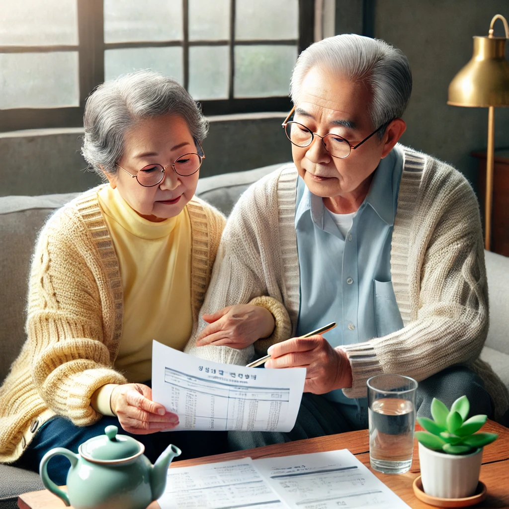 국민연금에 대해 논의하는 한국의 노부부