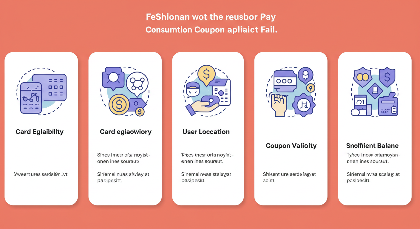 신한 SOL페이 소비쿠폰 신청이 안 되는 5가지 이유를 나타내는 아이콘들