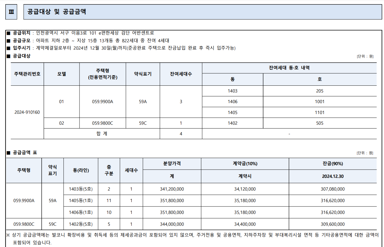 e편한세상 검단 어반센트 공급금액