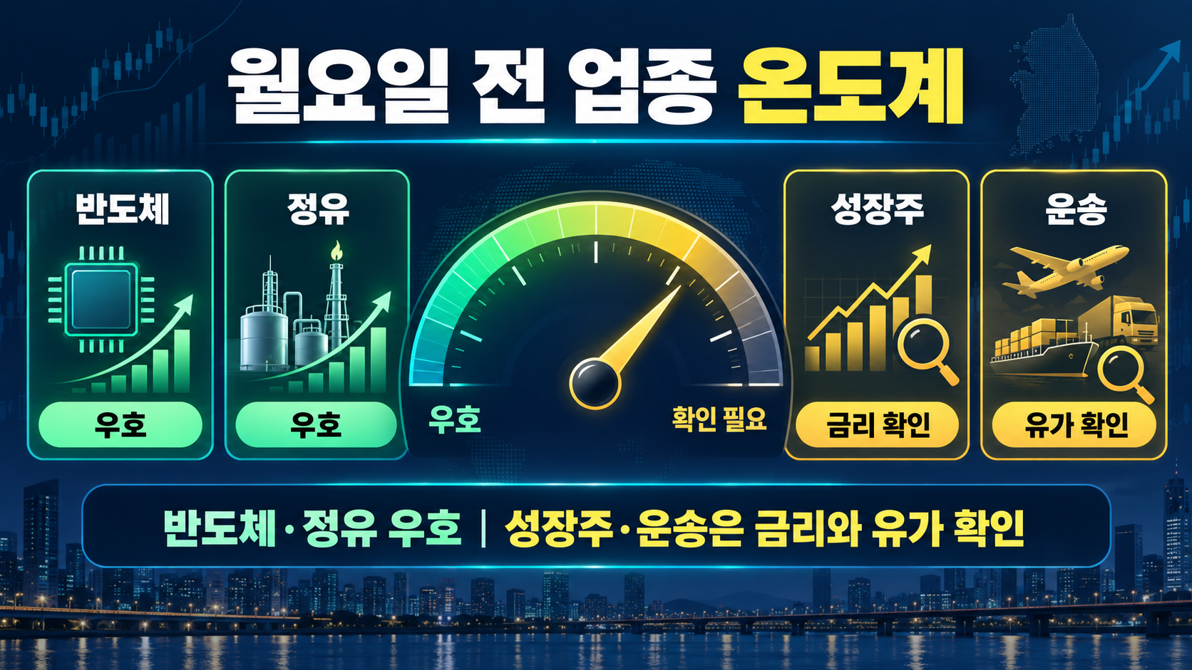 월요일 전 업종 온도계|반도체·정유 우호, 성장주·운송은 금리와 유가 확인