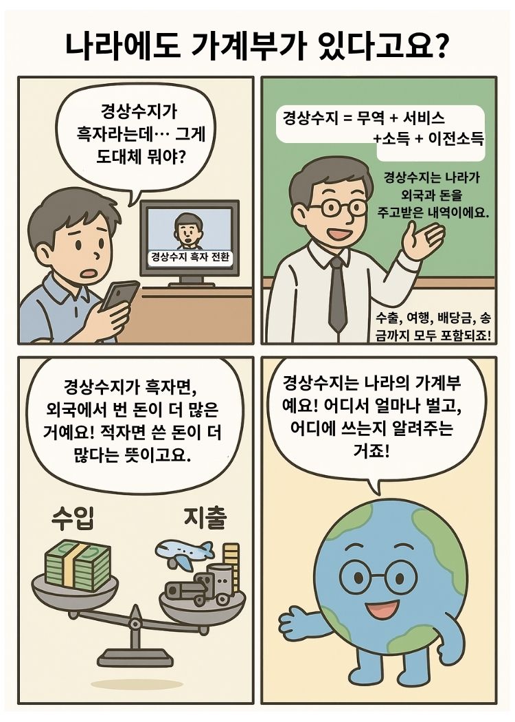 경상수지를 설명하는 4컷 만화. 첫 컷에서 학생이 뉴스 ‘경상수지 흑자 전환’을 보고 궁금해한다. 두 번째 컷에서 선생님이 칠판에 ‘경상수지 = 무역 + 서비스 + 이전소득’이라고 쓰며 설명한다. 세 번째 컷에서는 저울 위에 수입과 지출이 비교되며, 흑자와 적자의 의미를 말한다. 네 번째 컷에서는 지구 캐릭터가 경상수지를 나라의 가계부라고 설명한다.