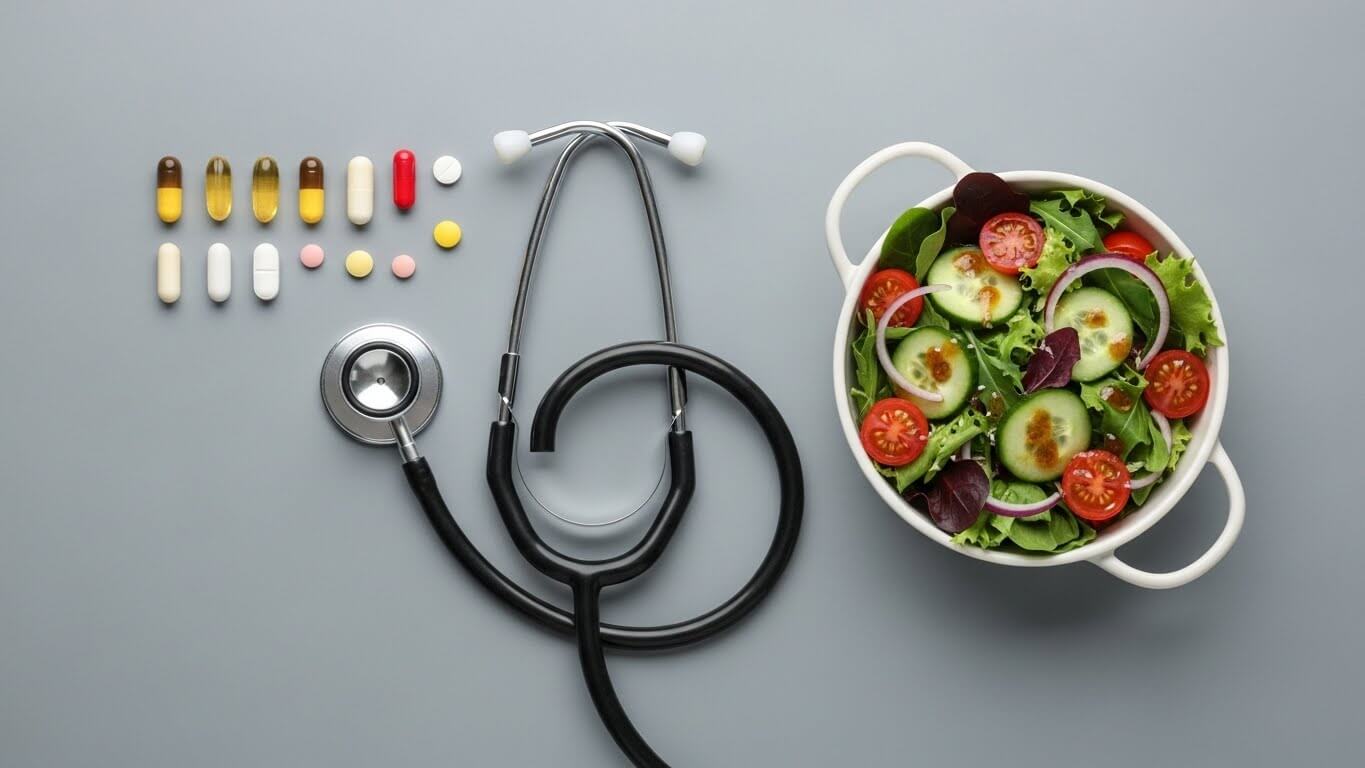 고혈압약 종류별 특징과 건강한 식단 관리를 상징하는 메디컬 플랫레이