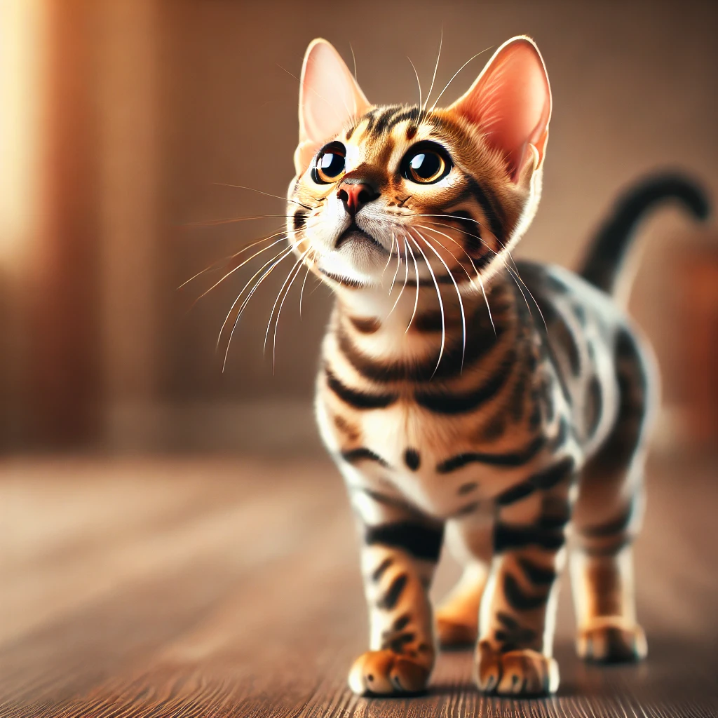 나무 바닥 위에서 호기심 가득한 눈으로 위를 바라보는 뱅갈 고양이. 선명한 무늬와 활기찬 표정이 돋보이는 역동적인 장면.