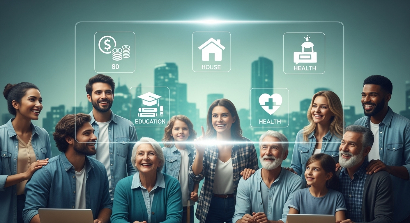 다양한 연령대의 사람들이 밝은 디지털 화면을 보며 행복해하는 모습, 지원금 정보를 쉽게 찾고 성공적으로 활용하는 희망찬 분위기.
💰 2025년, 나도 지원금 받을 수 있을까