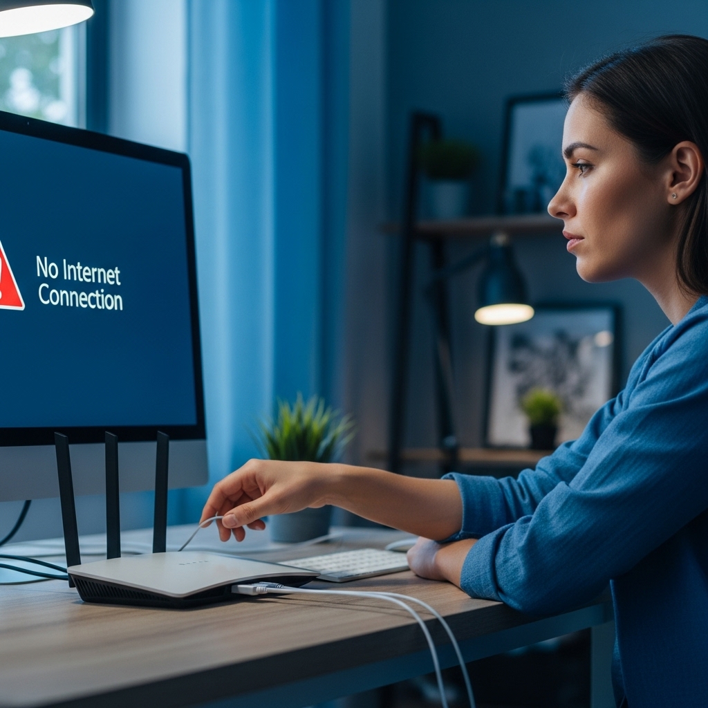 책상에 놓인 새 공유기를 보며 인터넷 연결 문제로 고민하는 사람의 모습